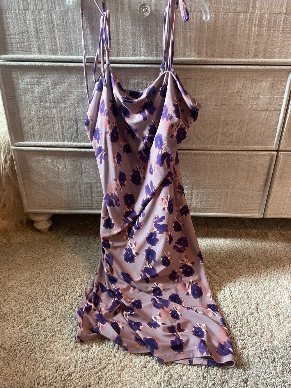 Lilac Floral Cowl Midi Dress with Adjustable Straps